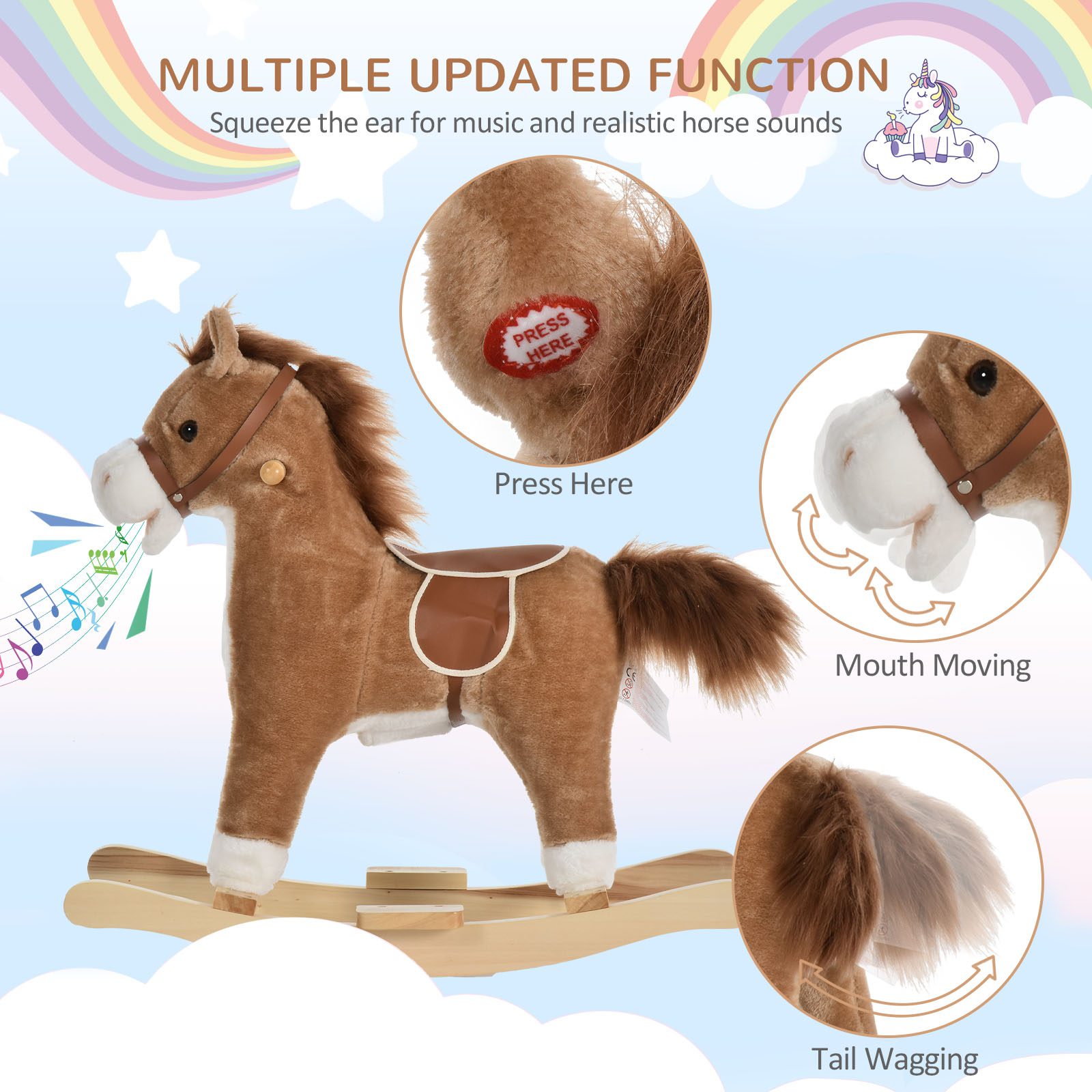 Rocking Horse Plush Animal on Wooden Rockers, Baby Rocking Chair with Sounds, Moving Mouth, Wagging Tail, Brown - Image 4