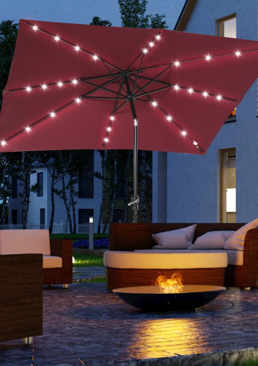 9' x 7' Solar Umbrella, LED Lighted Patio Umbrella for Table or Base with Tilt & Crank, Outdoor Umbrella for Garden, Deck, Backyard, Pool, Beach, Wine Red