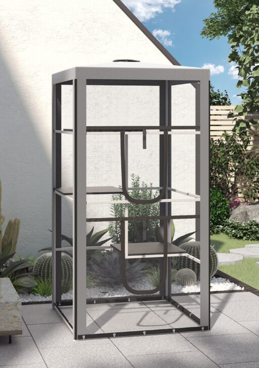 79"H Cat House Kitten Enclosure Mesh Playpen Steel Frame with 3 Platforms, 2 Doors and 4 Sandbags for Stability, Indoor/Outdoor