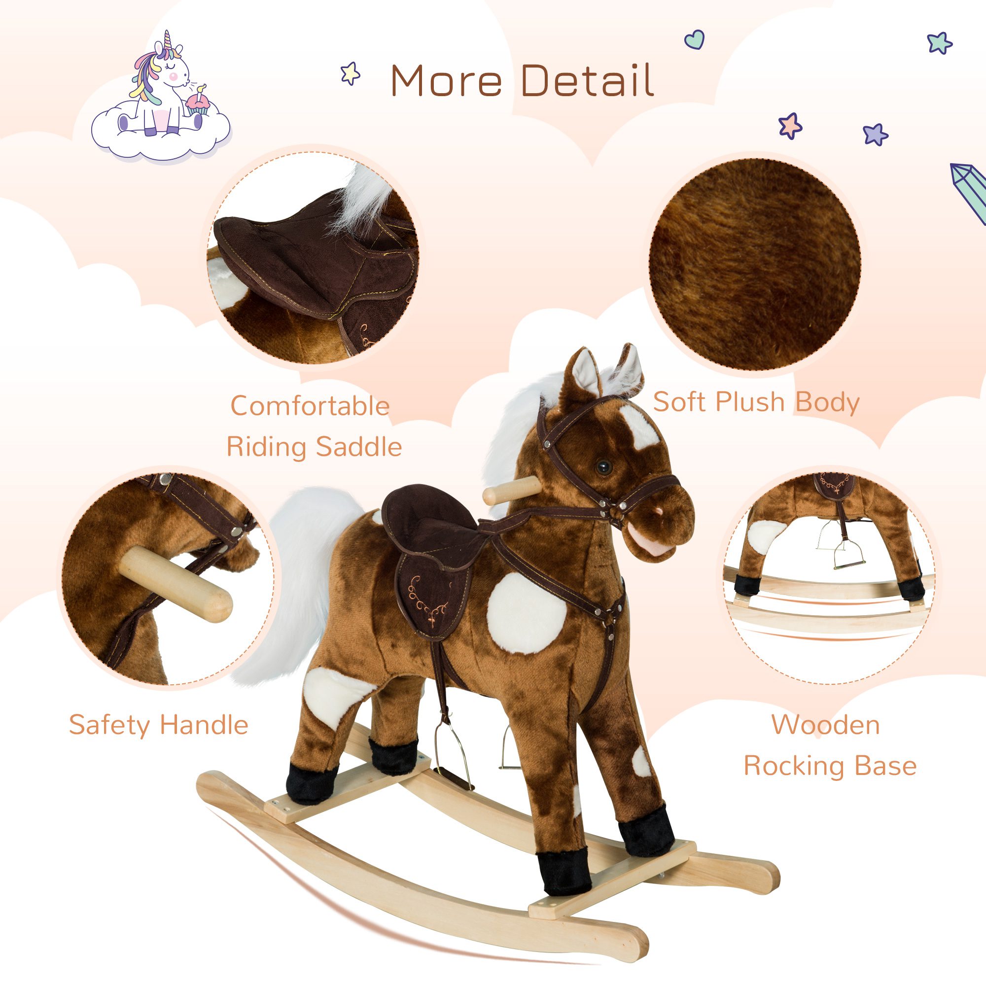 Kids Metal Plush Ride-On Rocking Horse Chair Toy With Nursery Rhyme Music - Dark Brown - Image 3