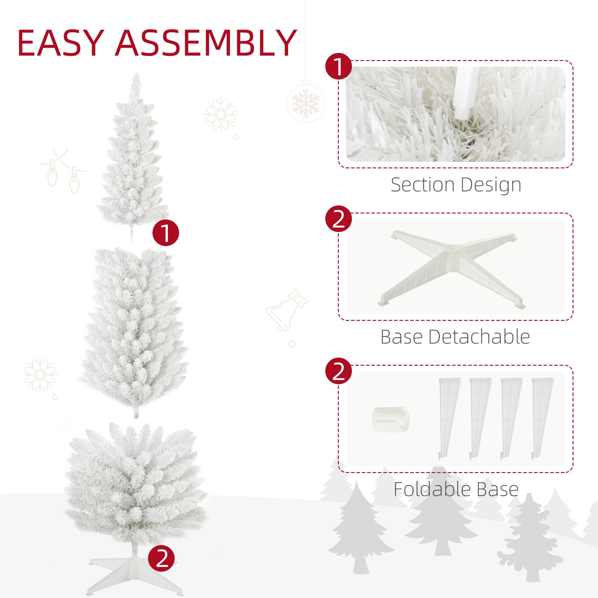6' Decorated Christmas Tree Snow Flocked Artificial Christmas Tree with Pencil Shape, Realistic Branches, White - Image 4