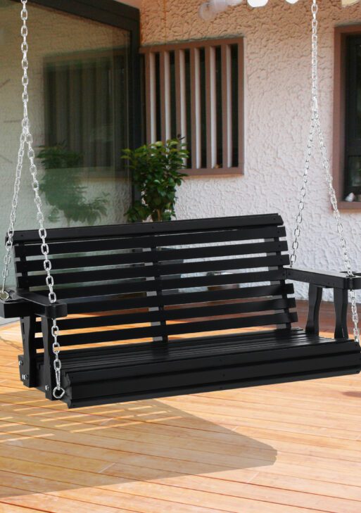 Porch Swing with Chains and Cupholders, 2 Person Wooden Patio Swing Chair, 440 lbs. Weight Capacity, for Garden, Poolside, Backyard, Black
