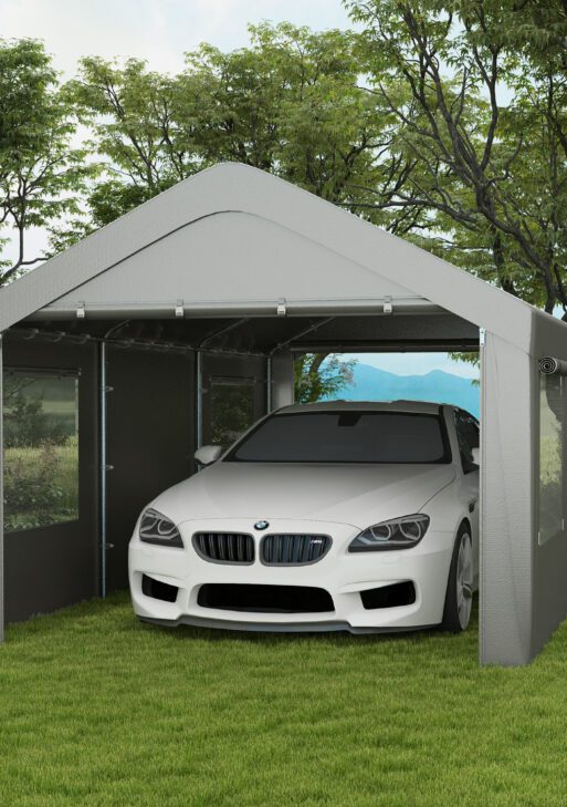 10' x 20' Carport, Heavy Duty Portable Garage, with 4 Mesh Windows and 2 Doors, Gray
