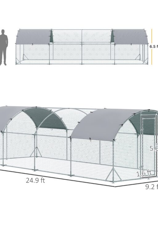 Large Metal Chicken Coop with Waterproof and Anti-UV Cover for Yard, Outdoor, Duck, Rabbit, 9.2' x 24.9' x 6.5'