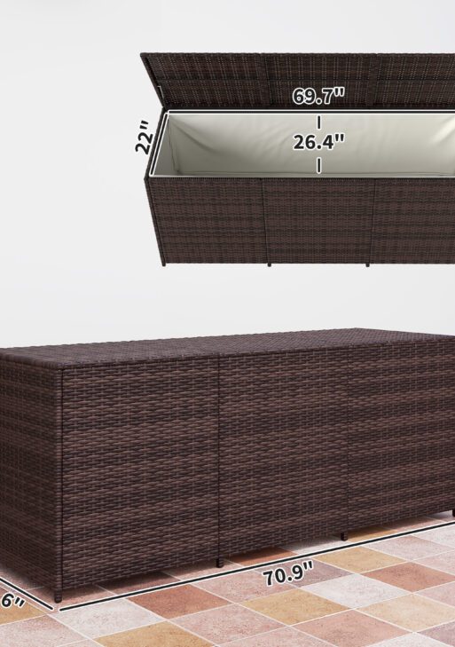 175 Gallon Outdoor Storage Box with Inner Liner, PE Rattan Wicker Deck Box with Pneumatic Bar Lift, Mixed Brown