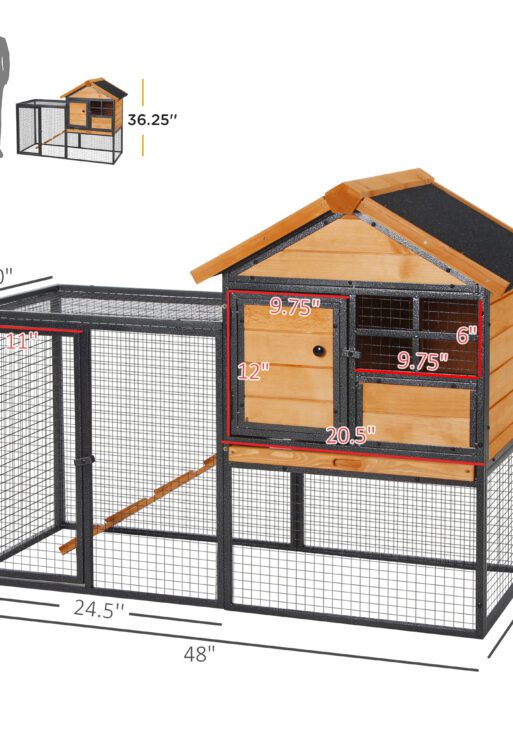 Outdoor Rabbit Cage Elevated Pet House w/ Slide-Out Tray, Natural Wood & Black
