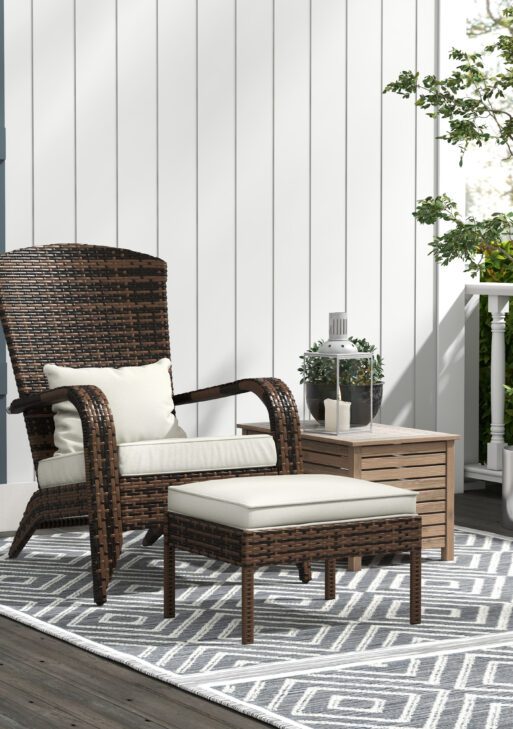 Wicker Adirondack Chair Fire Pit Chair w/ Ottoman & Cushions, White