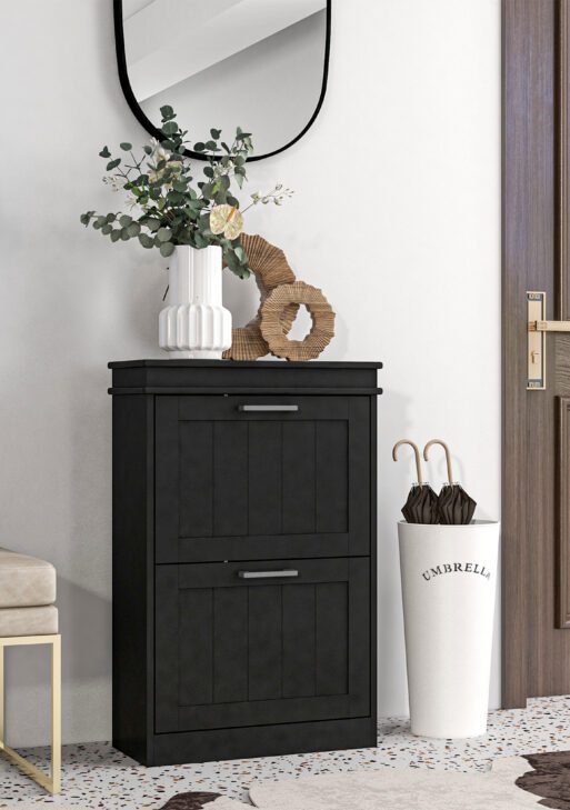 Modern Shoe Storage Cabinet with 2 Flip Drawers for 10 Pairs, Narrow Shoe Organizer for Entryway, Hallway, Black