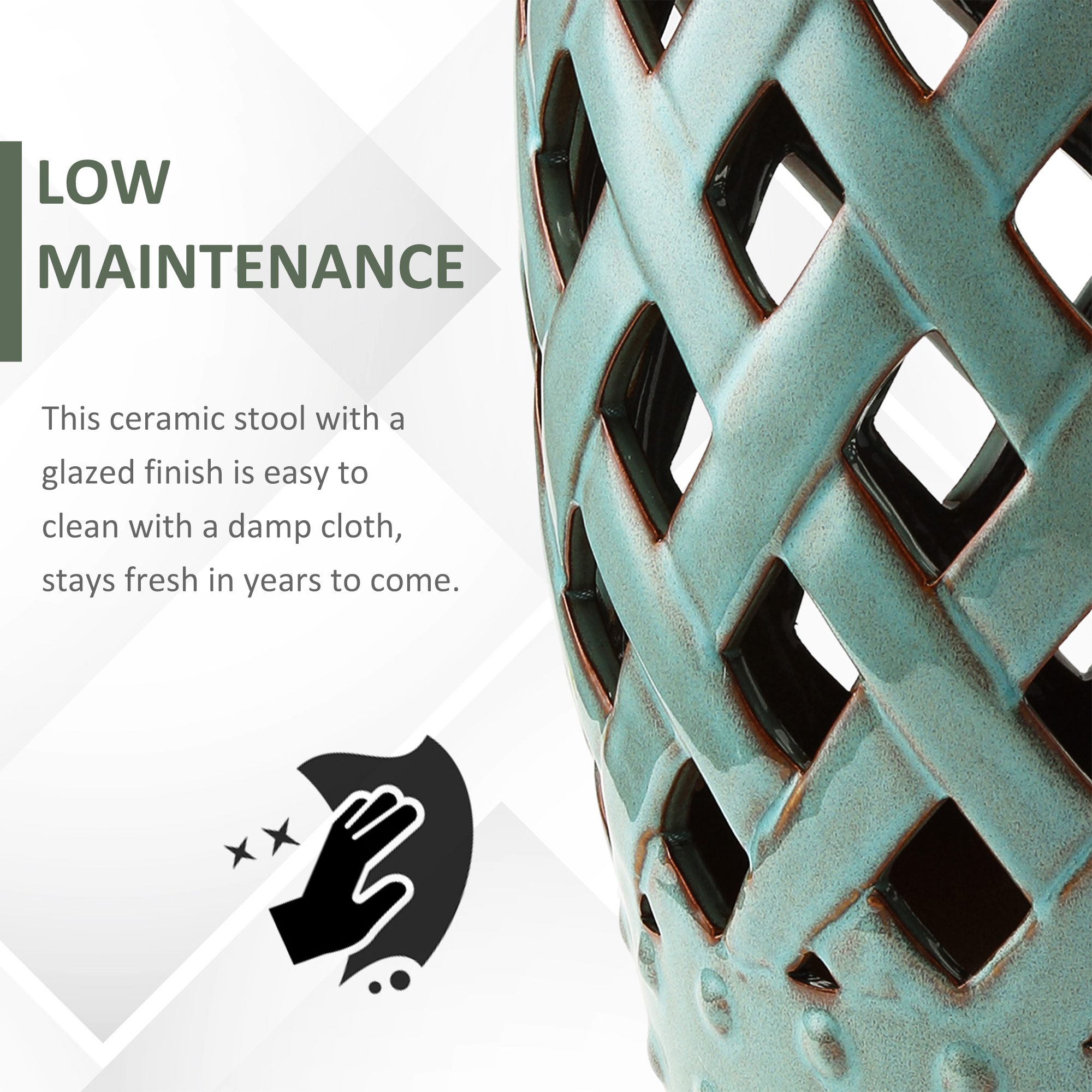 13" x 18" Ceramic Garden Stool with Woven Lattice Design & Glazed Strong Materials Decorative End Table, Antique Blue - Image 4