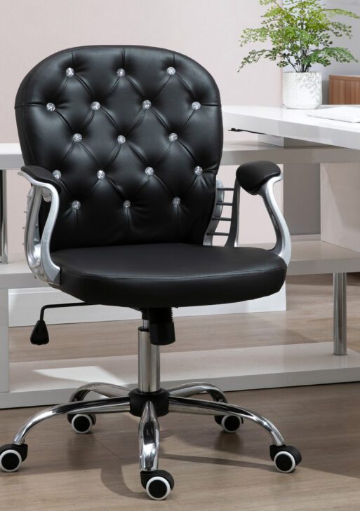 PU Leather Home Office Chair, Button Tufted Desk Chair with Padded Armrests, Adjustable Height and Swivel Wheels, Black
