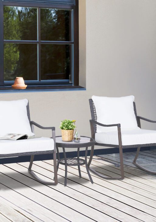 3 Piece Patio Rocking Bistro Set, Outdoor PE Rattan Wicker Rocking Chairs with Cushioned, Pillows, Two-Tier Glass Storage Shelf Coffee Table, Cream White