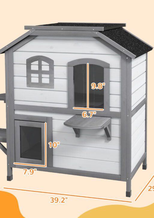 2-story Cat House Outdoor, Weatherproof Wooden Cat Enclosure for Feral Cats with Escape Door, Openable Roof, Jumping Platforms, White