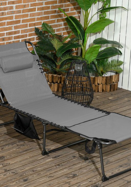 Folding Chaise Tanning Lounge Chair w/ 5-level Reclining Back, Reading Hole, Side Pocket, Headrest, Gray