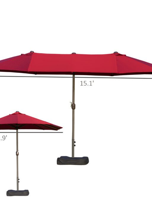Patio Umbrella 15' Steel Rectangular Outdoor Double Sided Market with base, UV Sun Protection & Easy Crank for Deck Pool Patio, Wine Red