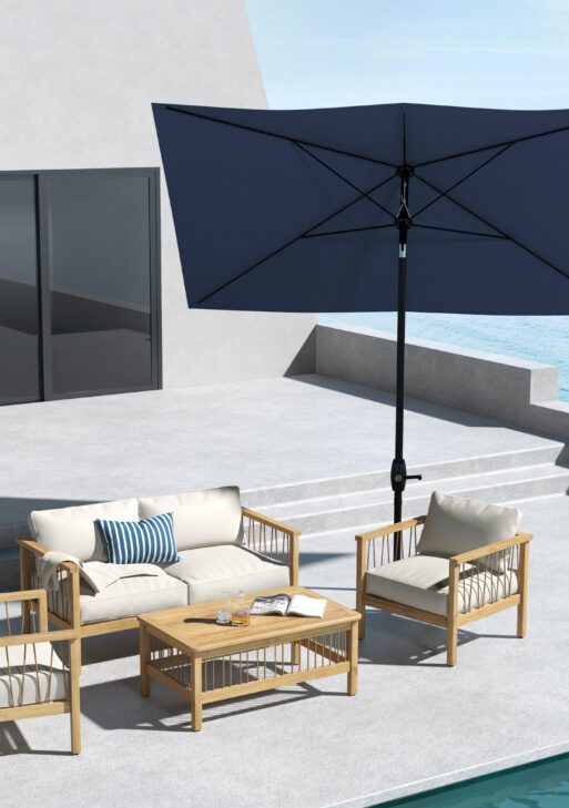 6.5' x 10' Rectangular Market Umbrella, Patio Outdoor Table Umbrella with Crank and Push Button Tilt, Blue