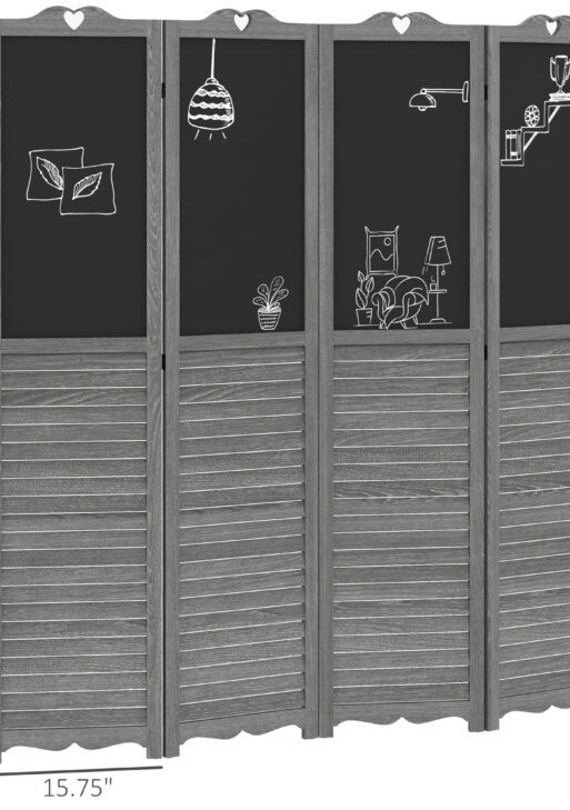 Wooden Room Divider with Blackboard, 4 Panel Folding Privacy Screen for Home Office, 5.5', Gray