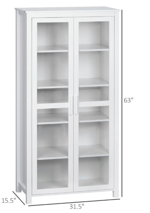 63" Kitchen Pantry Cabinet, Freestanding Storage Cabinet, Display Cabinet with 2 Glass Door and 2 Adjustable Shelves for Dining Room, White