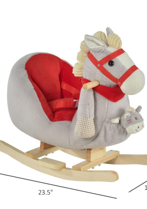 Qaba Kids Ride-On Rocking Horse Toy, Rocker with Lullaby Song, Hand Puppets & Soft Plush Fabric for Children 18-36 Months, Gray