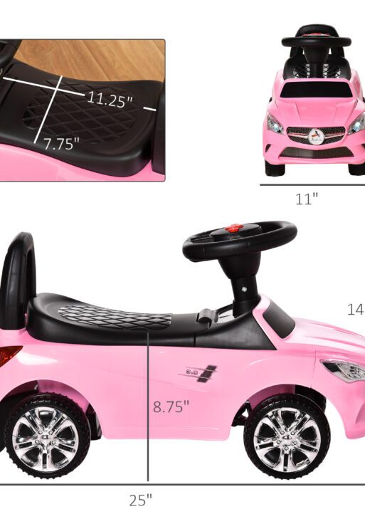 Kids Ride On Push Car, Foot-to-Floor Walking Sliding Toy Car for Toddler with Working Horn, Music, Headlights and Storage, Pink