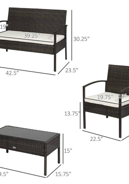 Patio Furniture Set, 4 Piece Indoor Outdoor PE Wicker Conversation Set with Chairs, Loveseat Sofa, Cushions, Glass Table for Backyard, Sunroom, Pool, Garden, Brown