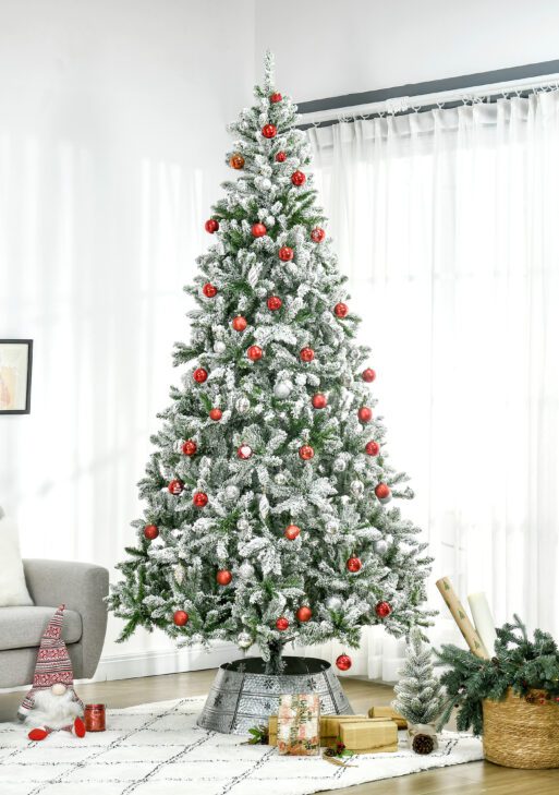 9' Tall Unlit Snow Flocked Pine Artificial Christmas Tree with Realistic Branches, Green