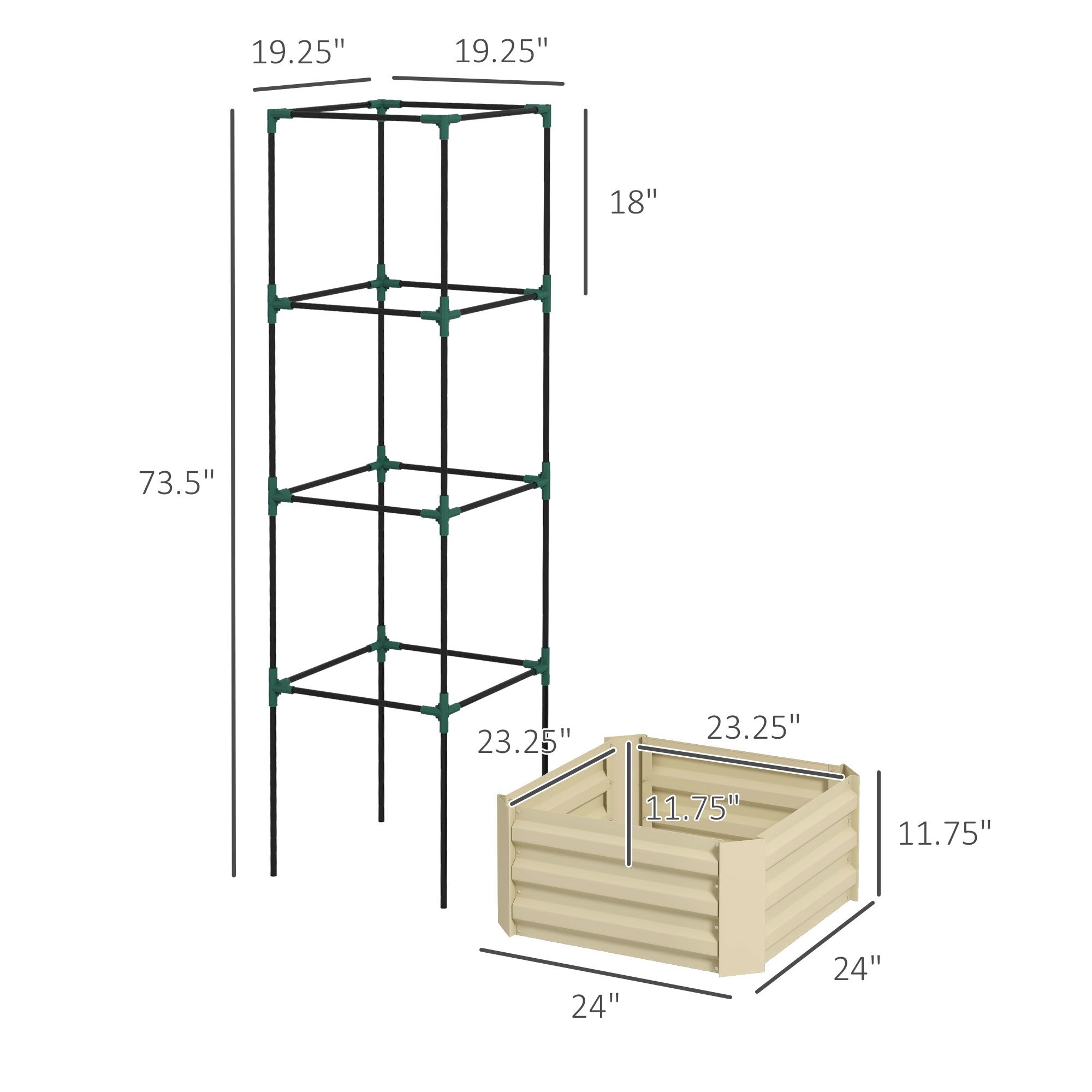 Galvanized Planter Box, 24" x 24" x 73.5" Raised Garden Bed with Tomato Cage for Climbing Vines, Cream - Image 1