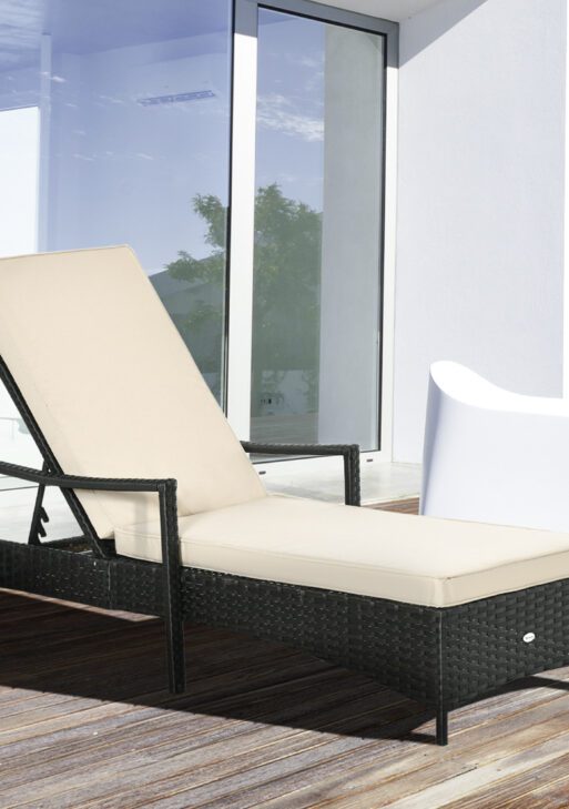 Wicker Chaise Lounge, 4 Position Adjustable Backrest and Cushions Outdoor Lounge Chair PE Rattan Sun Lounger for Poolside, Balcony or Garden, Beige