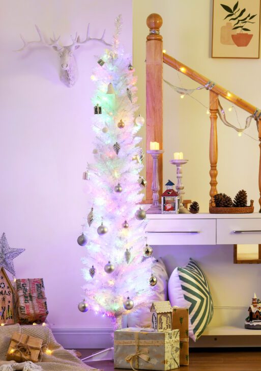 6' Prelit Christmas Trees, Pencil Artificial Christmas Tree with Colorful Surface Branches, Colorful LED Lights, White