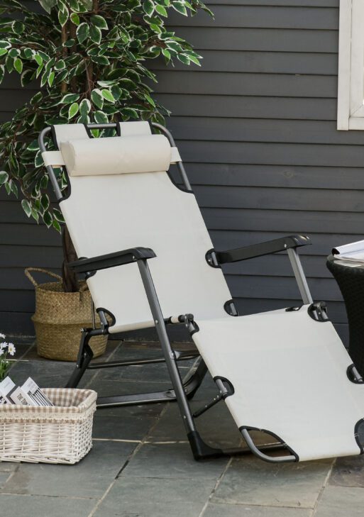 Folding Chaise Lounge Chair for Outside, 2-in-1 Tanning Chair with Pillow & Pocket, Adjustable Pool Chair for Beach, Patio, Lawn, Deck, Cream White