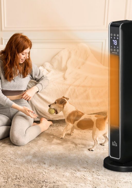 2-In-1 Portable Electric Tower Heater, Oscillating Space Heater for Indoor Use with Remote Control, 8H Timer, Three Heating Modes(High, Low, Fan), 750W / 1500W, Black