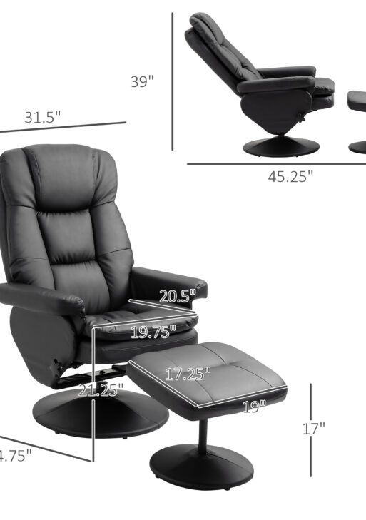 PU Leather Recliner Chair with Ottoman, Swivel Recliner and Ottoman with Round Wrapped Base for Living Room, Black