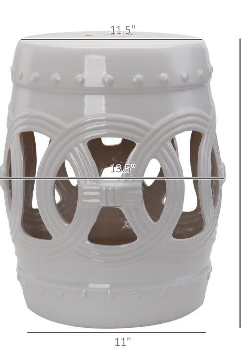 14" x 17" Ceramic Garden Stool with Double-Coin Knotted Ring Design & Strong Glazed Material, Decorative Outdoor Stool, Home Collection, White