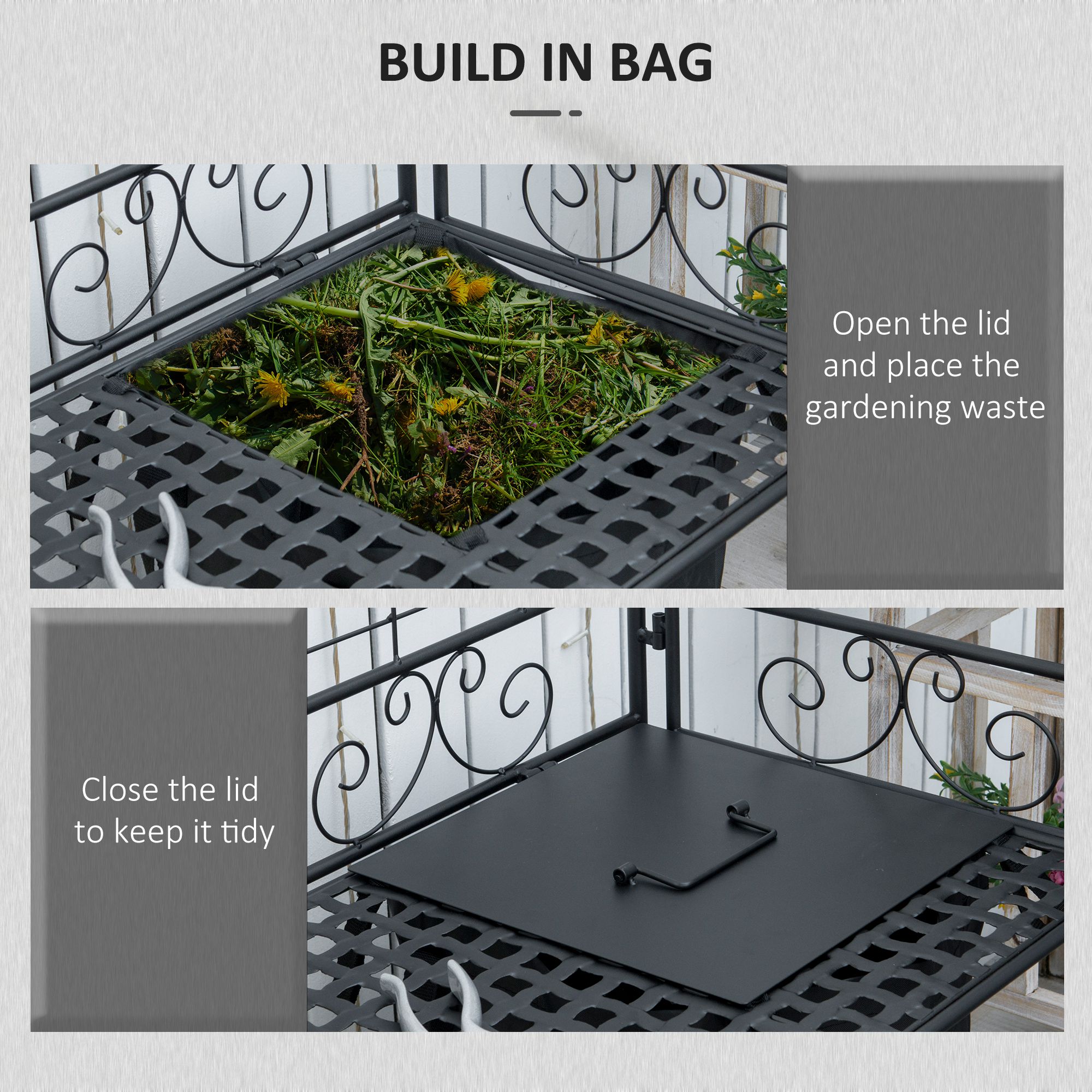 Folding Potting Bench Table, Metal Garden Workstation, Work Bench with Large Build-In Bag with Cover, 5 Hanging Hooks & Storage Shelf, Flourishes - Image 4
