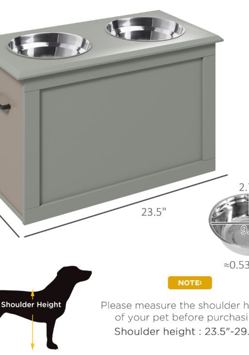 Raised Pet Feeding Storage Station with 2 Stainless Steel Bowls Base for Large Dogs and Other Large Pets, Gray