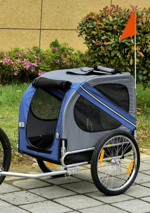 Bike Trailer Cargo Cart for Dogs and Pets with 3 Entrances Large Wheels for Off-Road & Mesh Screen, Blue/Gray