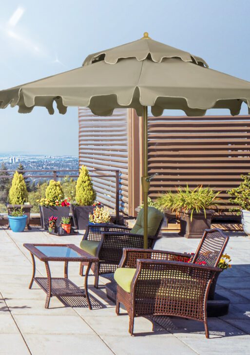 9' Patio Umbrella with Push Button Tilt and Crank, Double Top Ruffled Outdoor Market Table Umbrella with 8 Ribs, for Garden, Deck, Pool, Brown