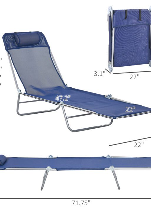 2 Piece Sun Loungers, Folding Chaise Lounge Chairs with Reclining Back, Breathable Mesh Seat, Headrest, Dark Blue