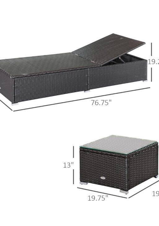 Chaise Lounge Chair Set of 2 with 5 Angle Backrest, Outdoor Coffee Table, Water Repellent Cushions, PE Rattan Wicker Poolside Chairs, 3-Piece Pool Furniture Set, Dark Brown/Turquoise