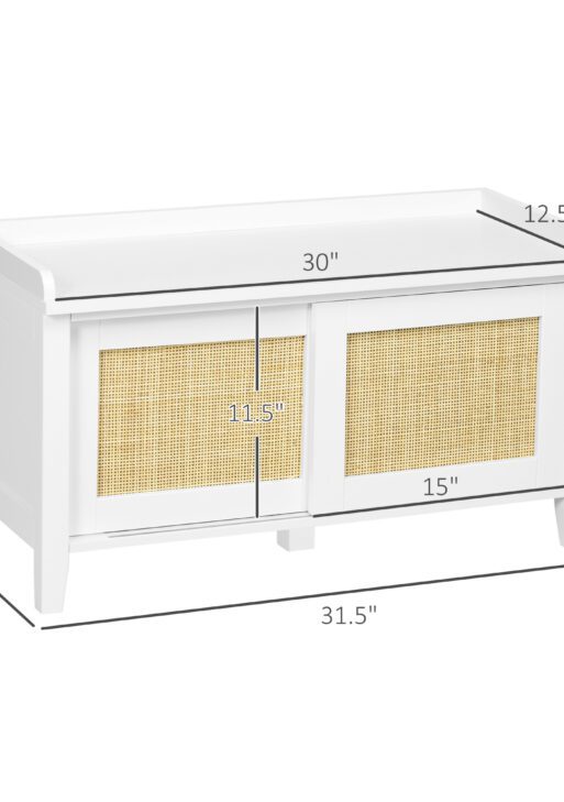 Entry Way Bench Shoe Storage Bench with Shoe Cabinets 2 Rattan Sliding Doors and Pine Wood Legs for Hallway White