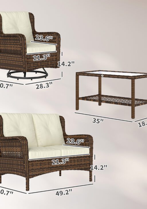 4 Piece Rattan Patio Furniture Set, Conversation Set with Swivel Glider Chairs Table Loveseat for Garden, Patio, Cream