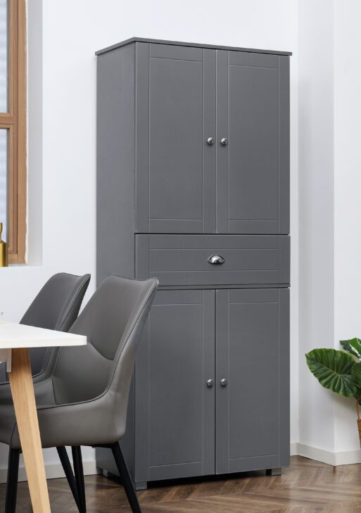 72" Freestanding Kitchen Pantry Cabinet, Tall Storage Cabinet with 4 Doors, Drawer and Adjustable Shelves for Dining Room, Gray