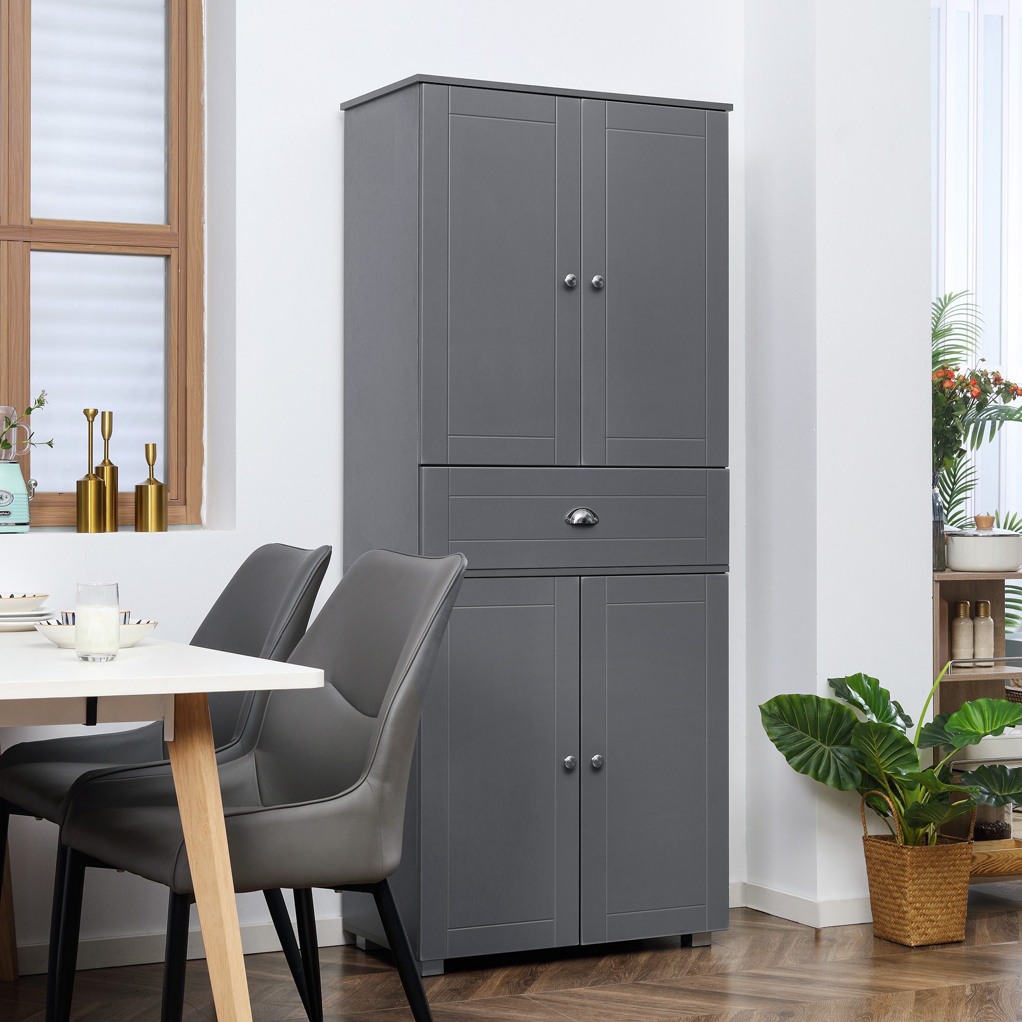 72" Freestanding Kitchen Pantry Cabinet, Tall Storage Cabinet with 4 Doors, Drawer and Adjustable Shelves for Dining Room, Gray