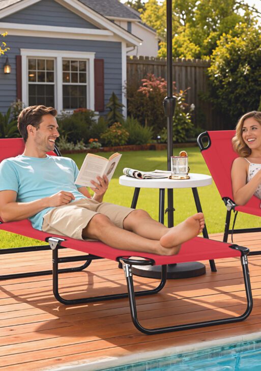 Folding Chaise Lounge Pool Chairs, Outdoor Sun Tanning Chairs with 5-Level Reclining Back, Steel Frame for Beach, Yard, Patio, Red