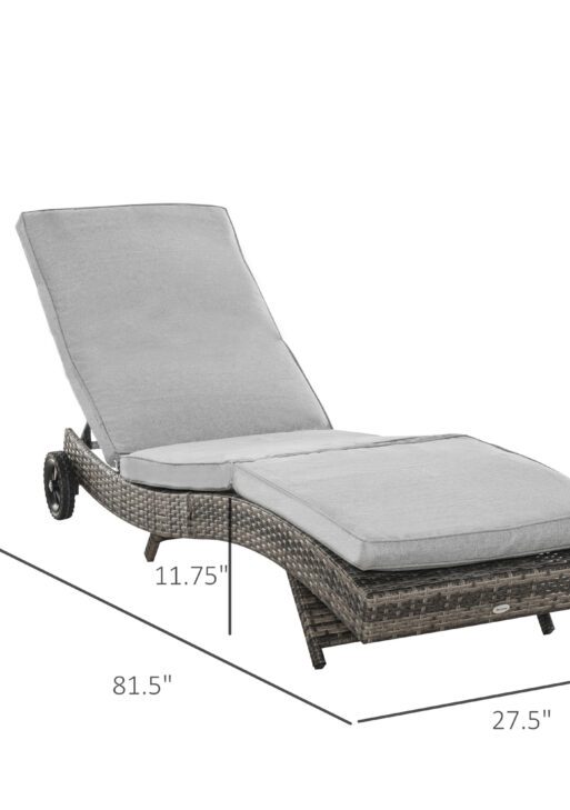 Wicker Chaise Lounge Chair Outdoor PE Rattan Cushioned Patio Sun Lounger with 5-Level Adjustable Backrest & Wheels for Easy Movement, Mixed Gray