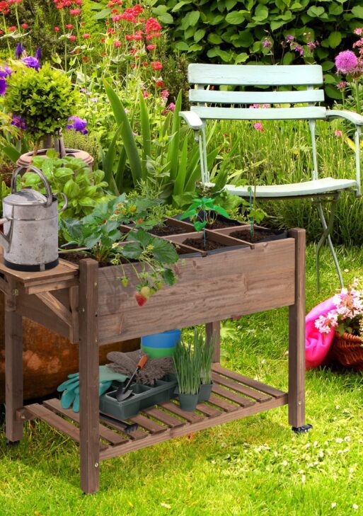 Wooden Garden Box, 34.25H with 8 Pockets and Lockable Wheels, Foldable Side Clapboard, Elevated and Self-Draining Design, to Grow Herbs, Vegetables, and Flowers, Brown