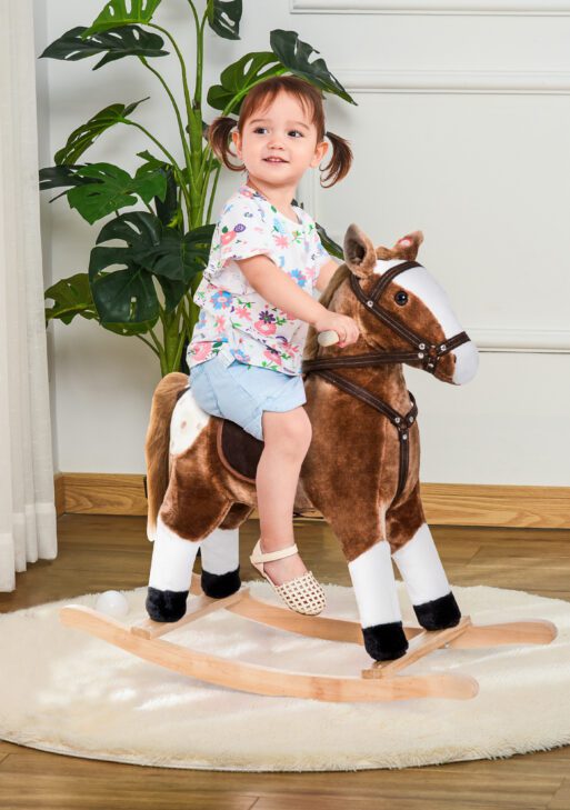 Qaba Kids Plush Toy Rocking Horse Pony Toddler Ride on Animal for Girls Pink Birthday Gifts with Realistic Sounds, Brown