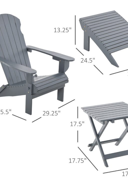 3-Piece Folding Adirondack Chair with Ottoman and Side Table, Outdoor Wooden Fire Pit Chairs w/ High-back, Wide Armrests for Patio, Backyard, Garden, Lawn Furniture, Gray