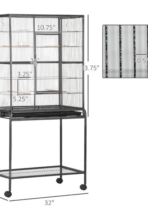 30" Rolling Metal Bird Cage Feeder with Detachable Rolling Stand, Storage Shelf, Wood Perch & Food Container
