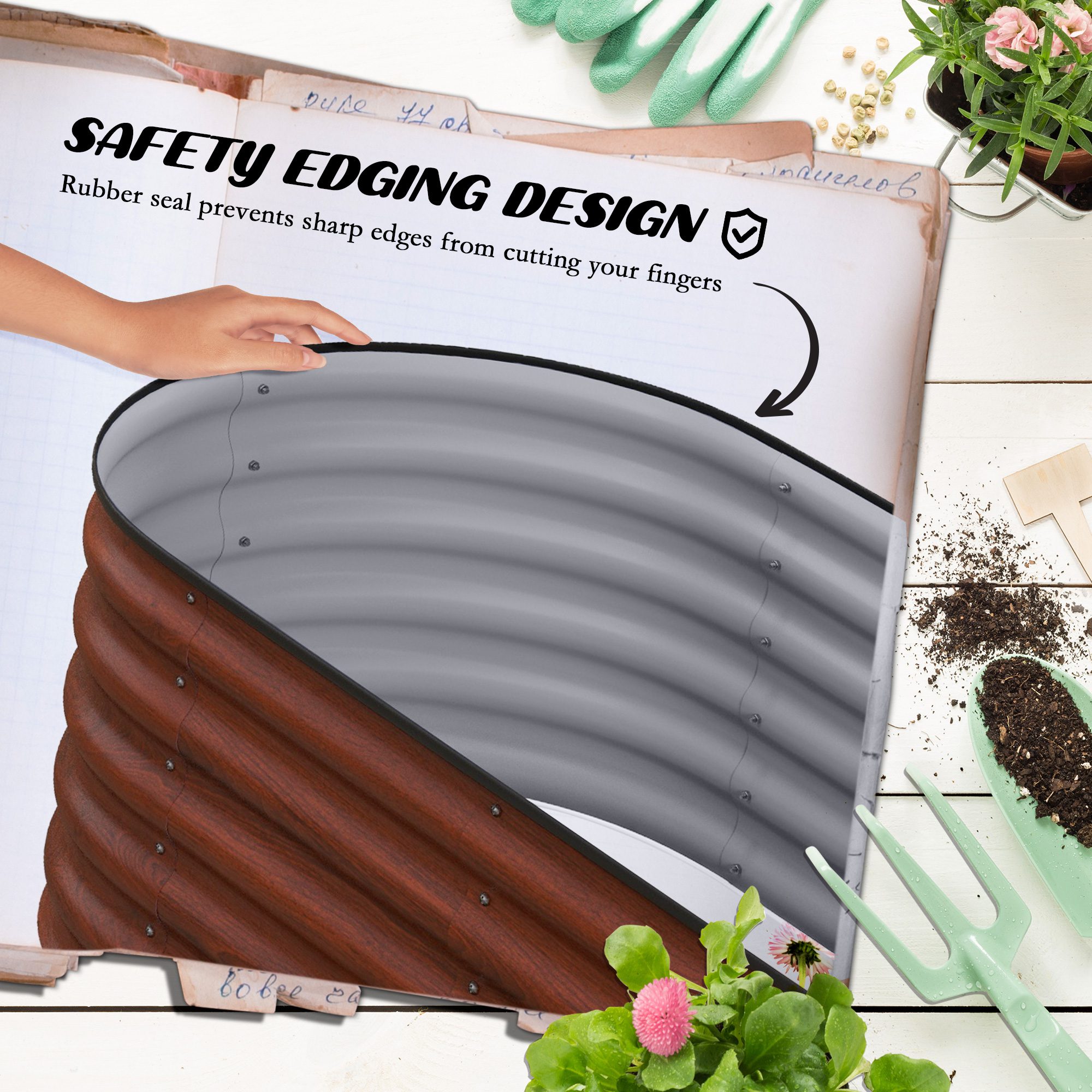 3.4' x 2' x 1.4' Galvanized Raised Garden Bed Kit, Metal Planter Box with Safety Edging, Brown - Image 4