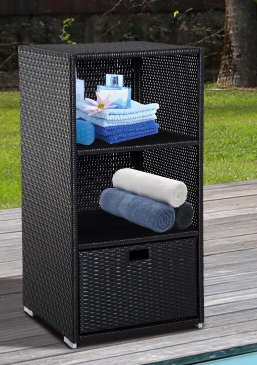 Poolside Towel Cabinet, Rattan Wicker with Storage,2-Tier Shelves and Bottom Drawer, for Pool, Patio Backyard, 47", Dark Brown